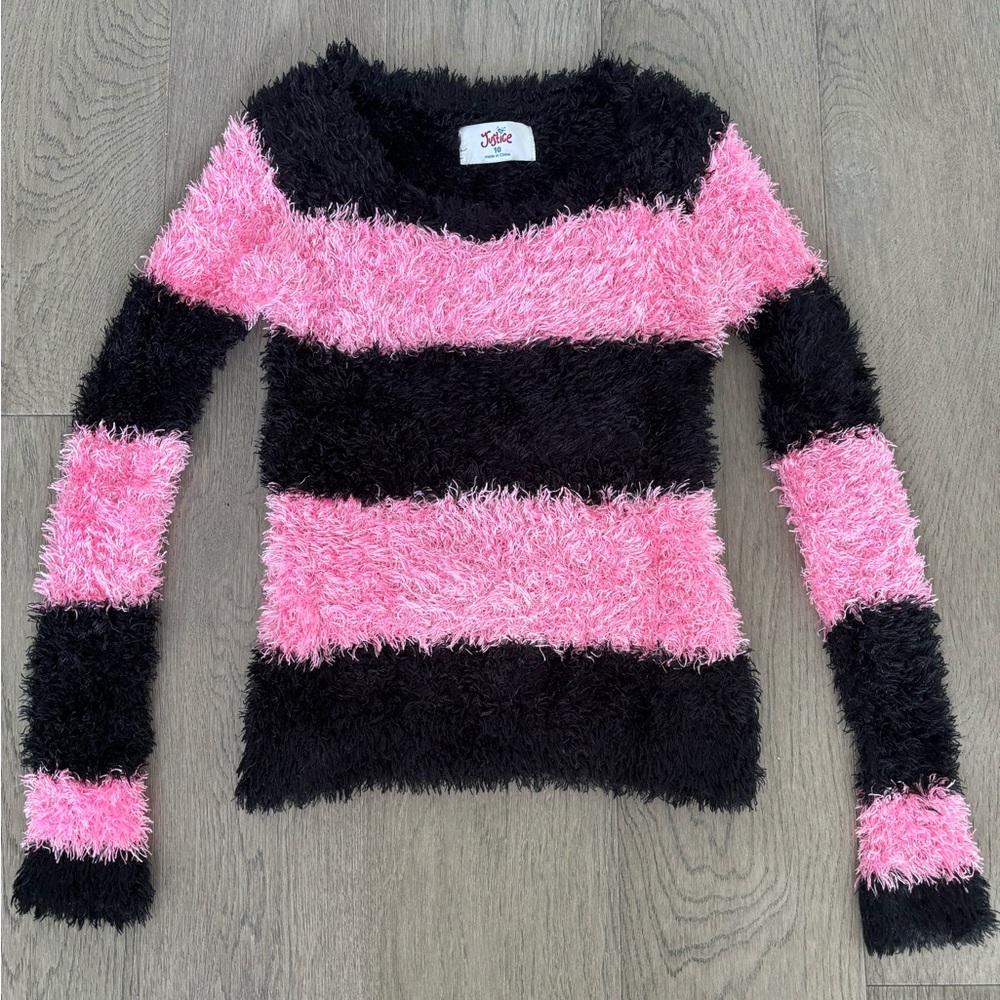 Justice Black and Pink Fuzzy Striped Sweater